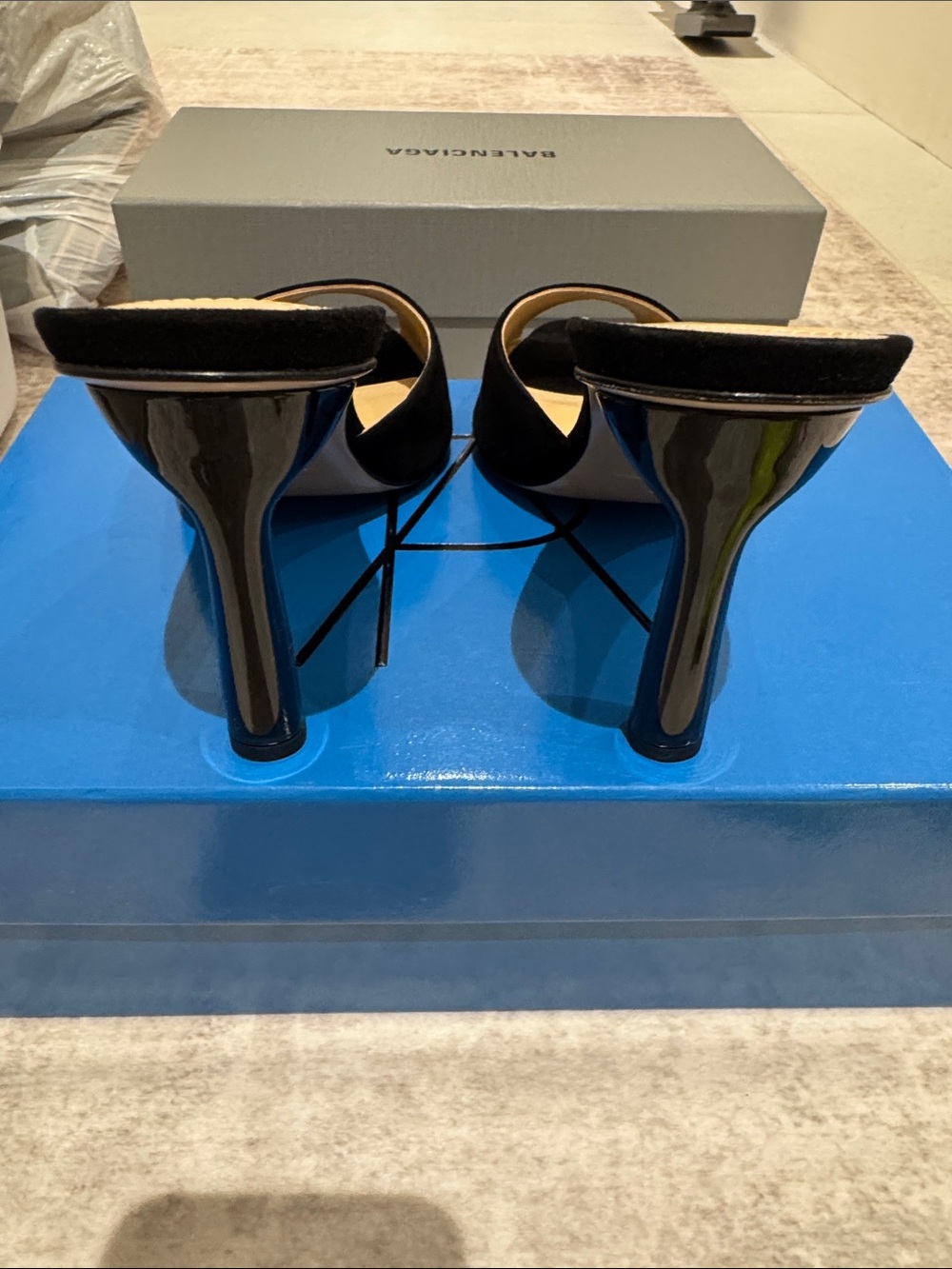 Paul Andrew Black Suede Peep-Toe Slide Mules - Picture 3 of 5
